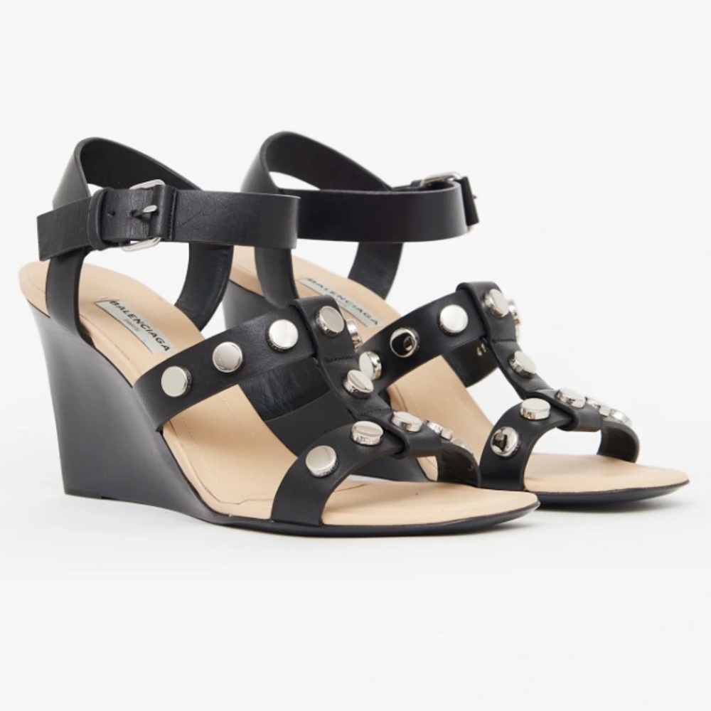 BALENCIAGA Leather Studded Gladiator Wedge Sandal - 37